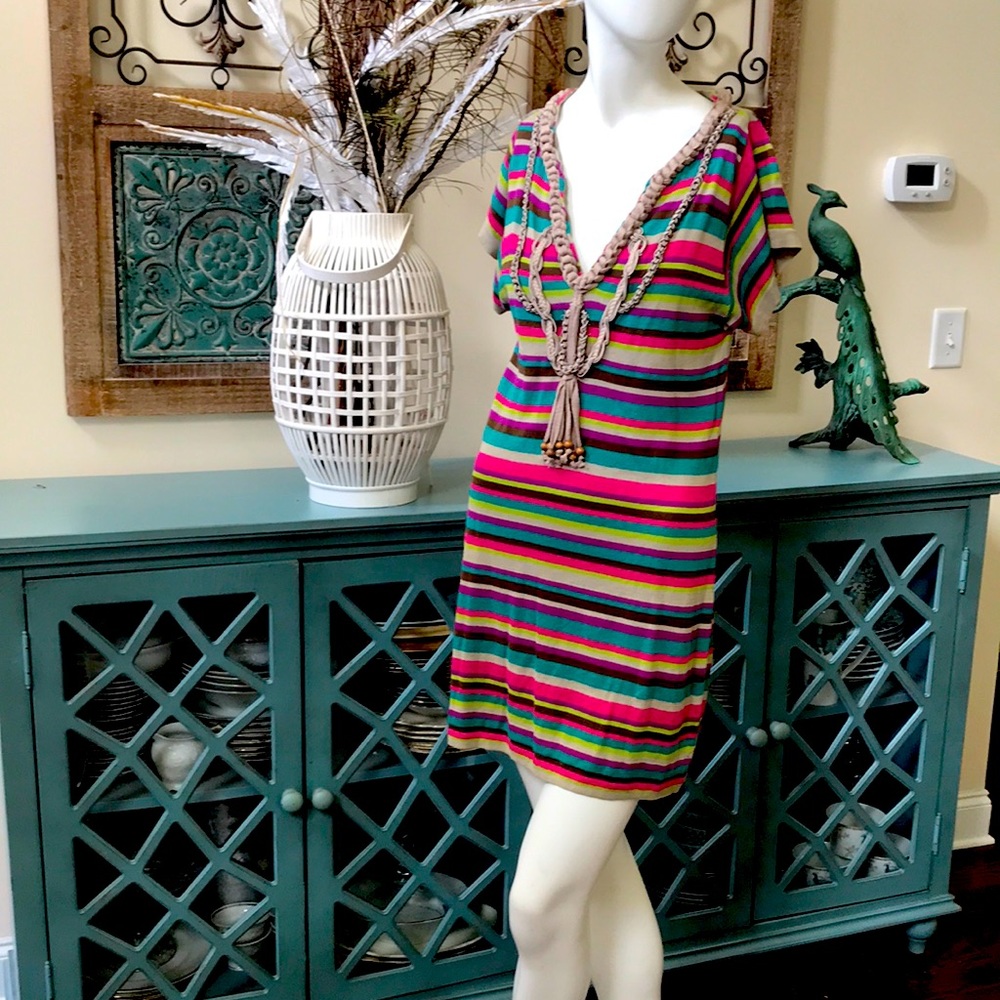 NANETTE LEPORE XS DRESS. BOHEMIAN LOOK.100% COTTON. HOT PINK, BROWN & BEIGE 🌸🌸
